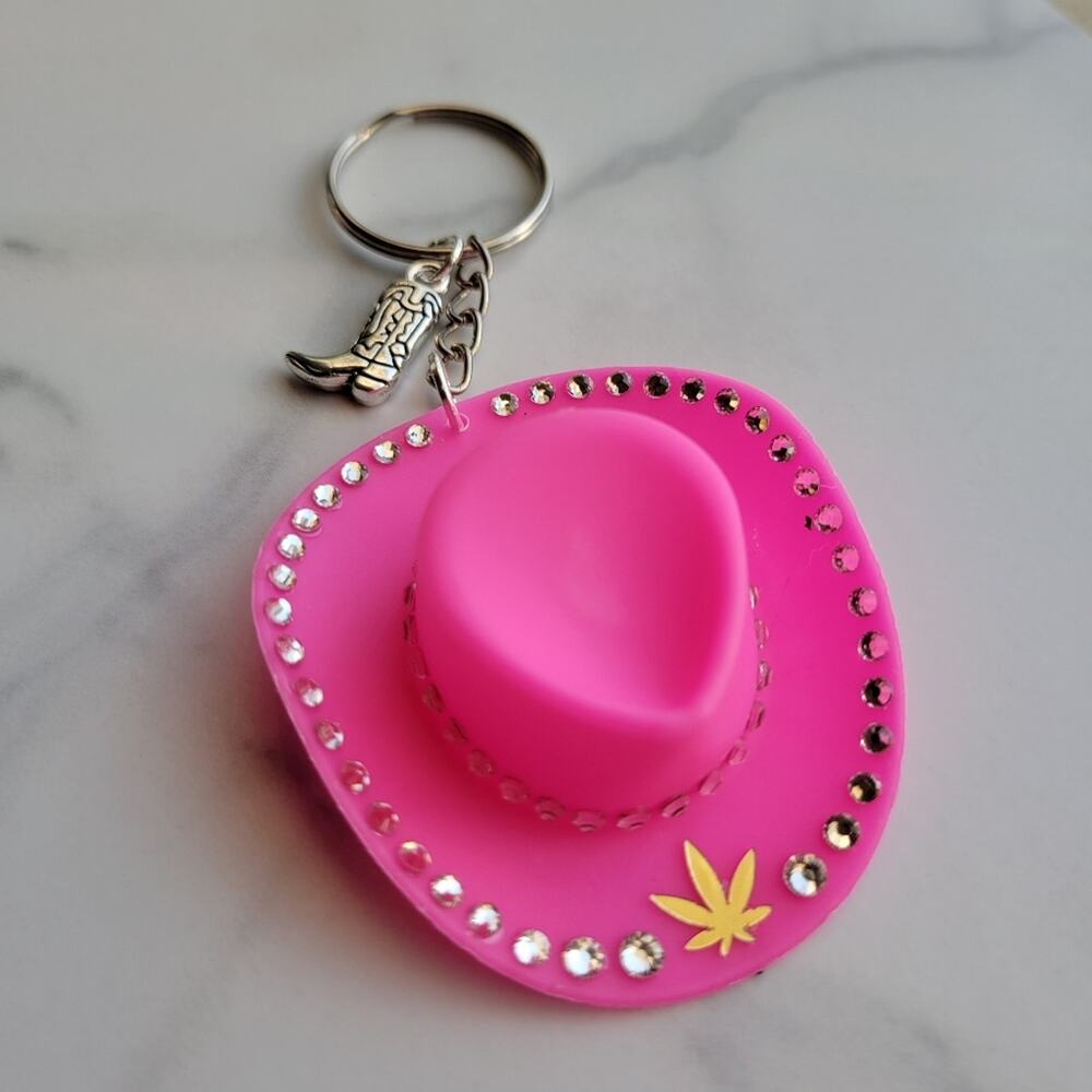Handcrafted New Canna Leaf Pink Cowboy Hat w/ Rhinestones Keychain